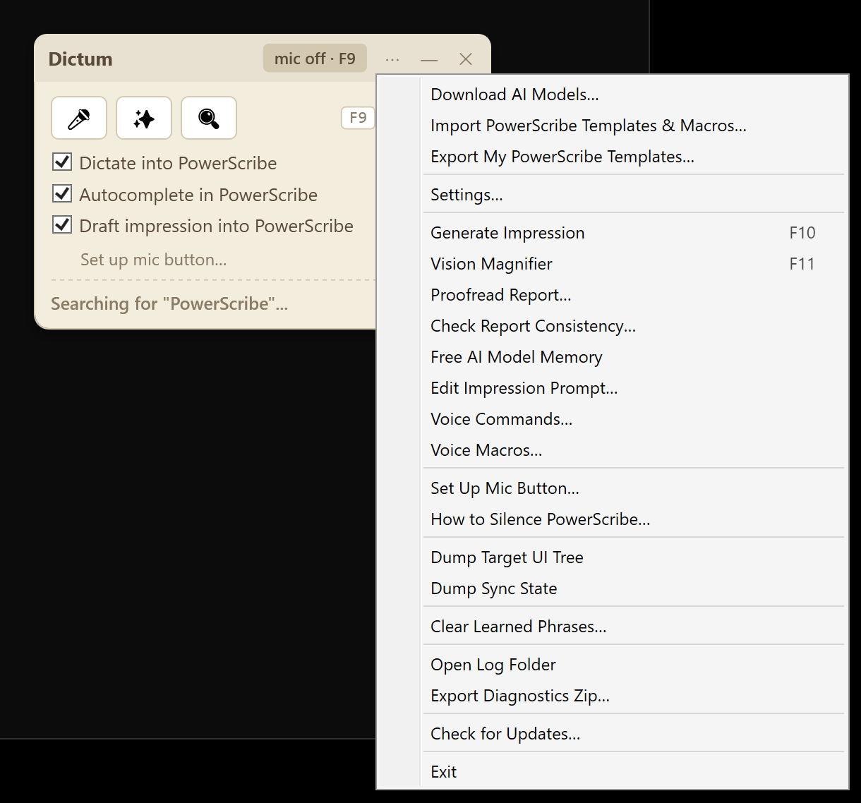 The Dictum widget with its menu open, showing the Import PowerScribe Templates and Export My PowerScribe Templates menu items