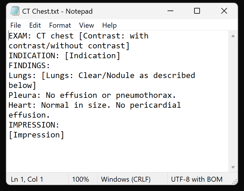 An exported template open in Notepad: plain readable report text with fields shown as [field name: option/option]